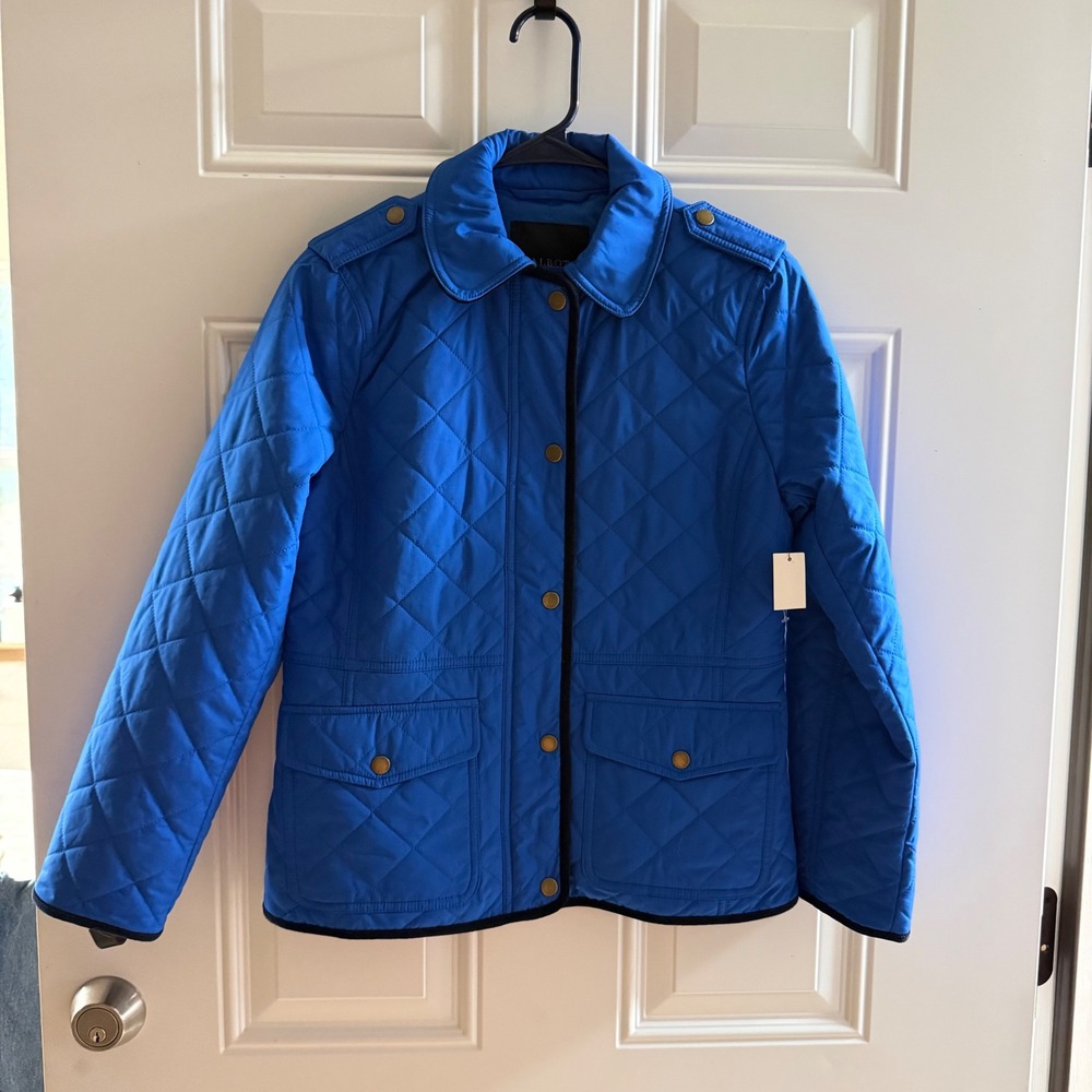 Talbots Petite Blue Quilted Barn Jacket Snap Front Corduroy Trim P 55641203